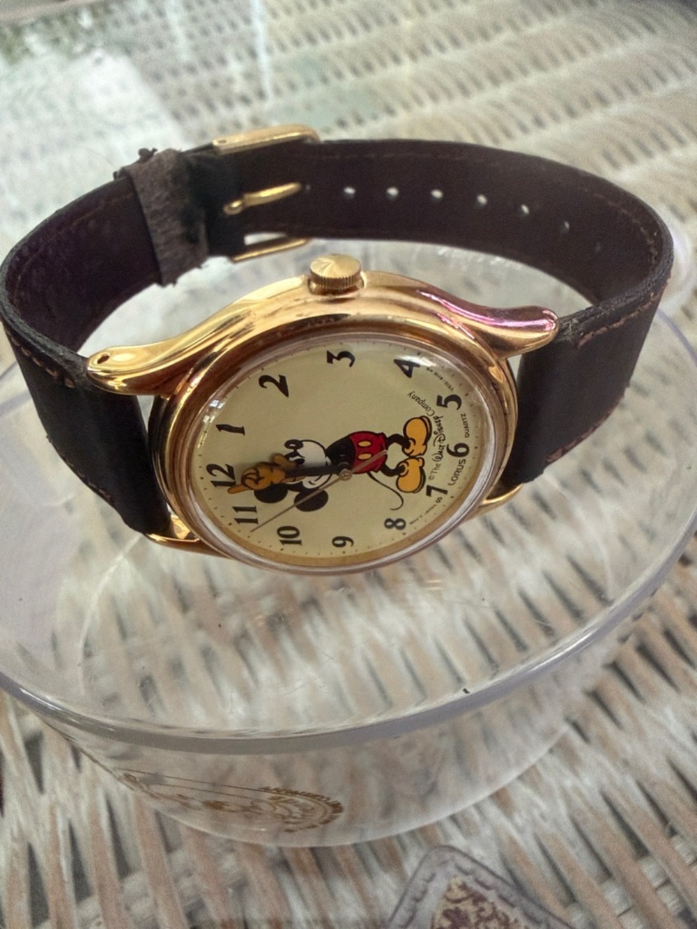 Mickey Mouse Gold-Tone Wristwatch with Brown Leather Strap